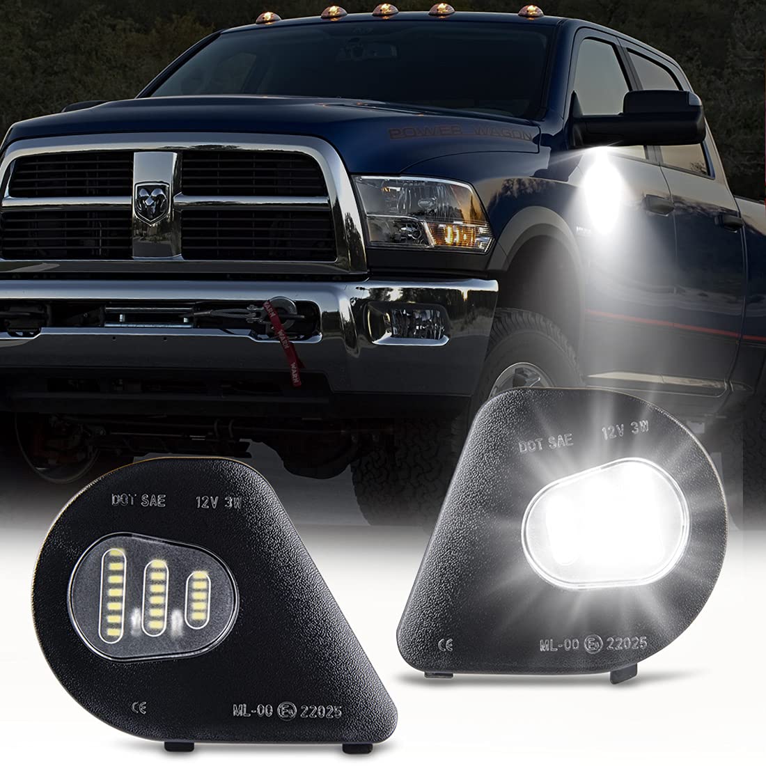 GemPro LED side mirror puddle light illuminates the Dodge Ram 1500 area at night