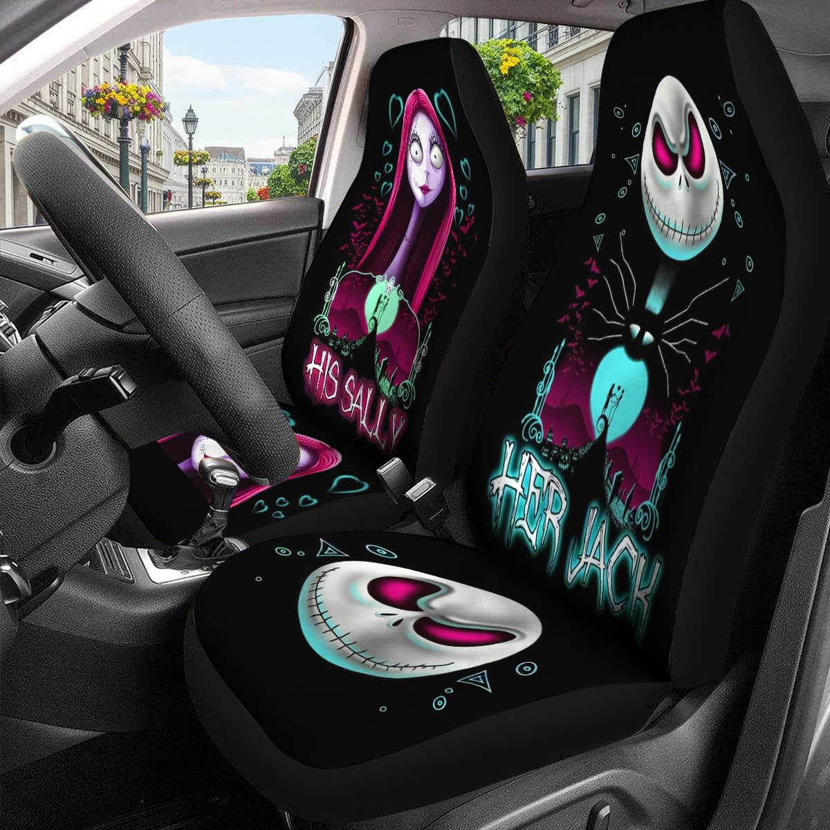 GENANY Nightmare Couple seat cover strap-attachment ensures quick secure fit.