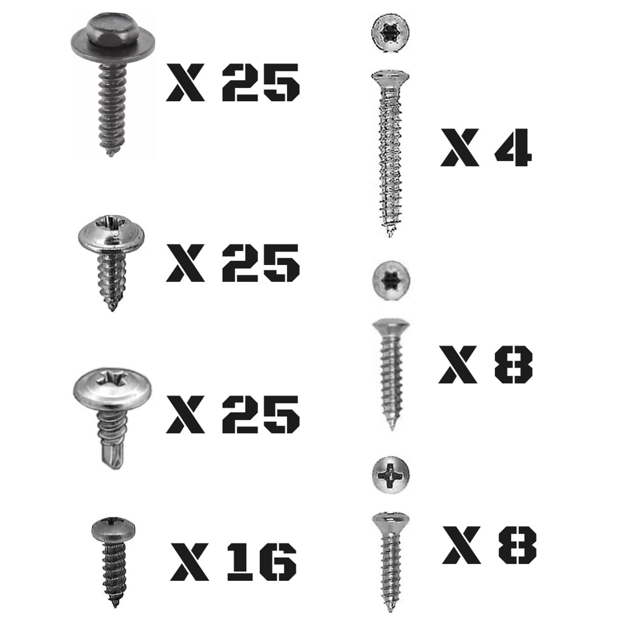 Generic 111-piece screw kit close-up showing chrome and black finishes for versatile vehicle trim.