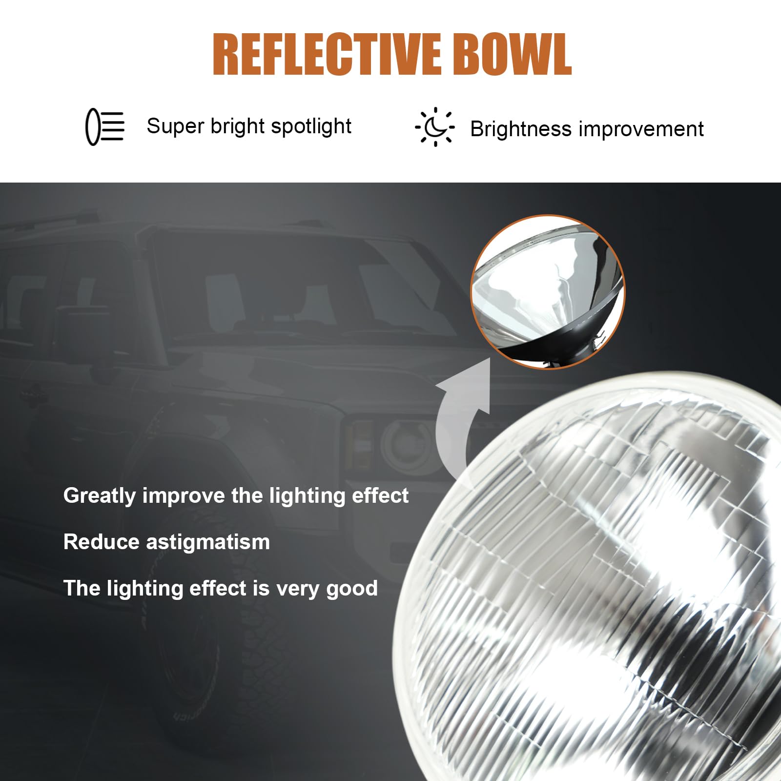 Generic 7-inch LED glass headlight waterproof seal showcases reliable all-weather performance.