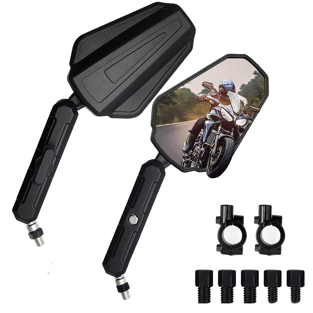 Generic Adventure Mirror side-view assembly on a motorcycle, showing versatile mounting options.