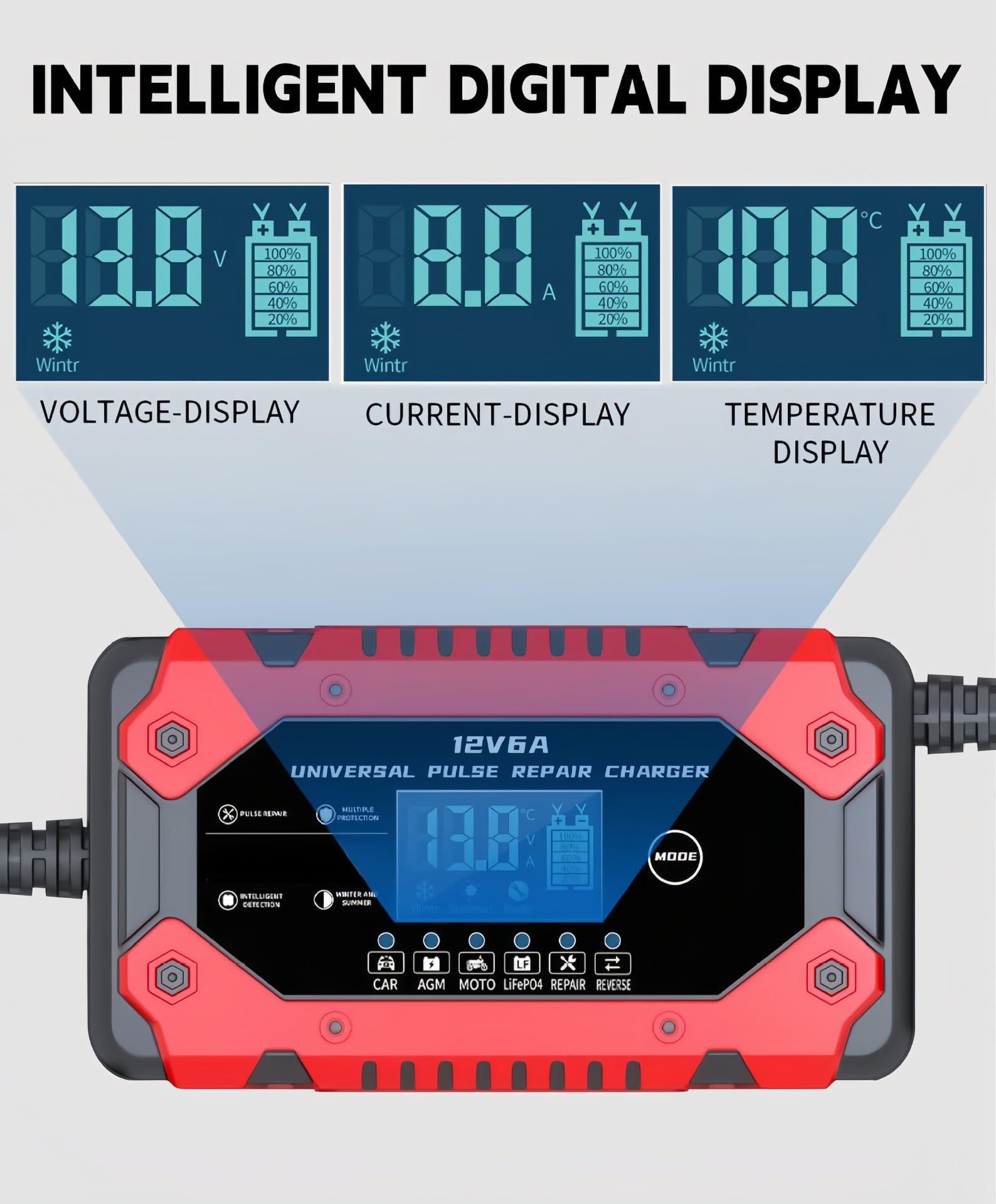 Generic Battery Charger LCD display shows voltage and temperature at a glance.