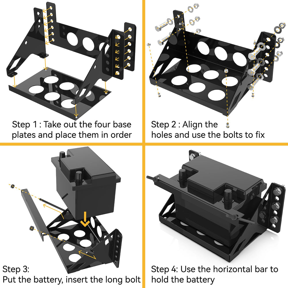 Common applications include RVs, boats, and campers using the battery tray bracket.