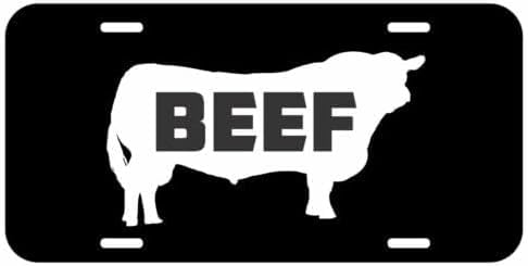 Generic beef aluminum license plate tag in black, durable for trucks and farm vehicles.