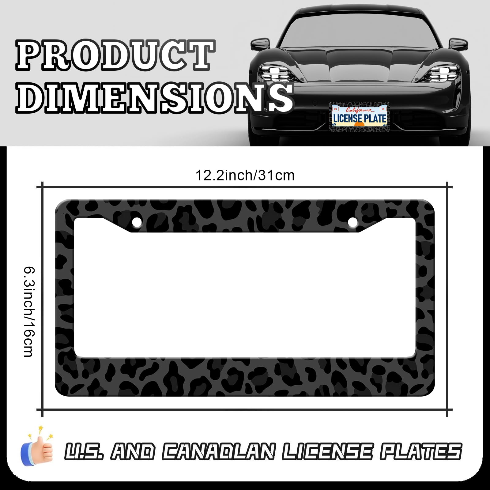 Generic black leopard license plate frame, back view showcasing frame profile.