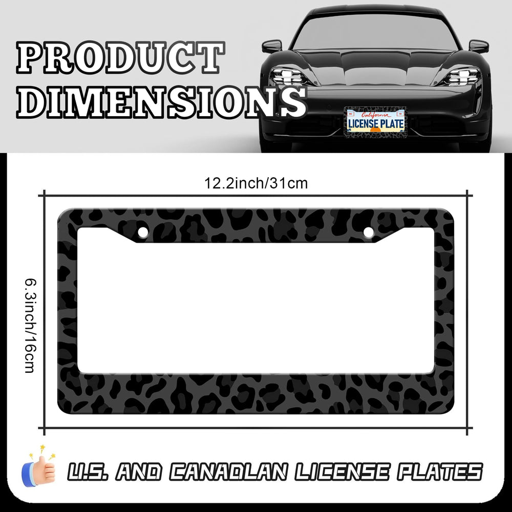 Generic black leopard license plate frame, back view showcasing frame profile.