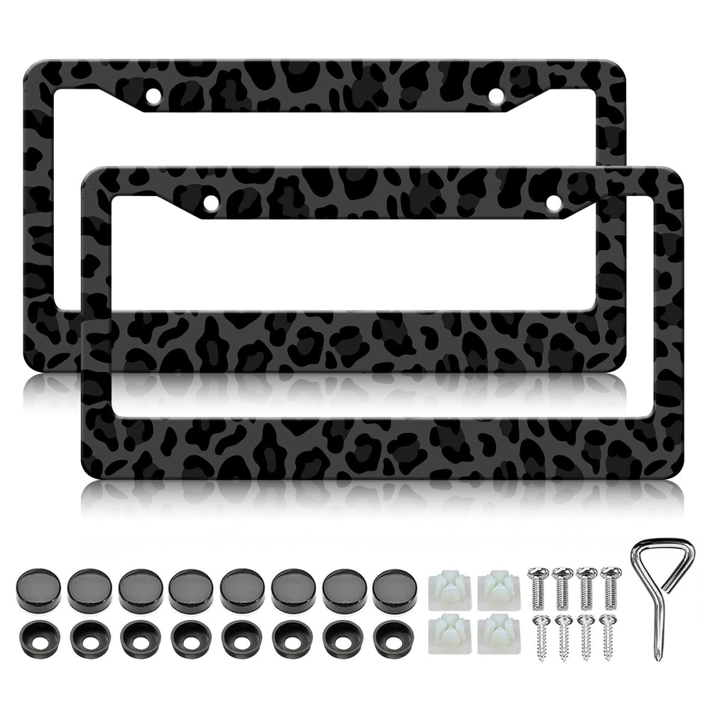 Generic black leopard license plate frame, front view, adds bold style to your car.