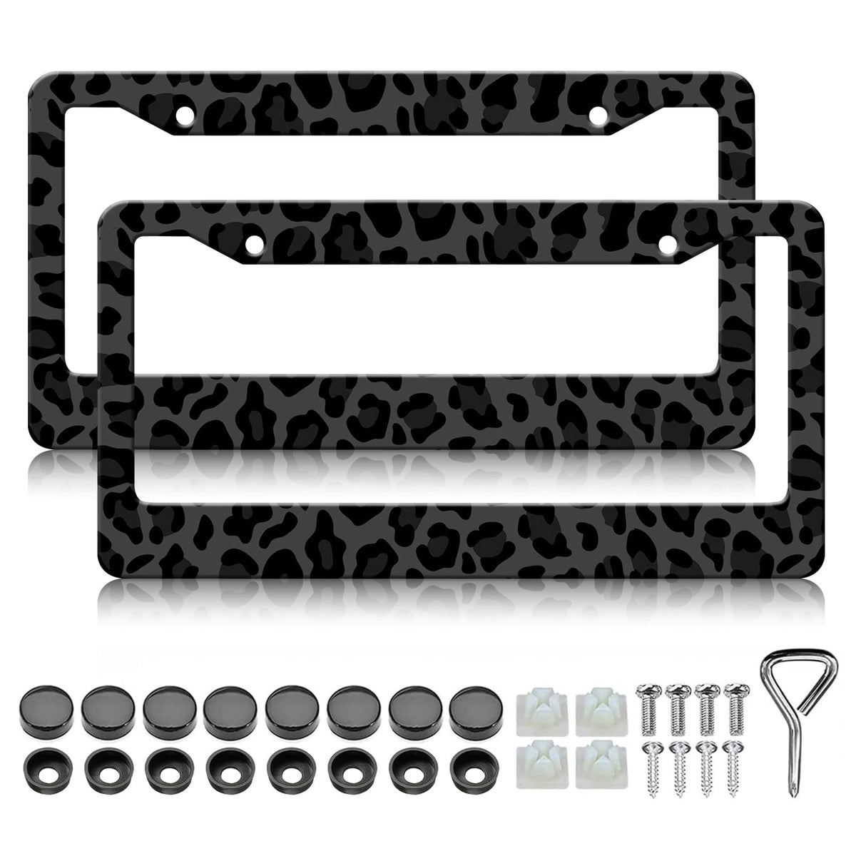 Generic black leopard license plate frame, front view, adds bold style to your car.