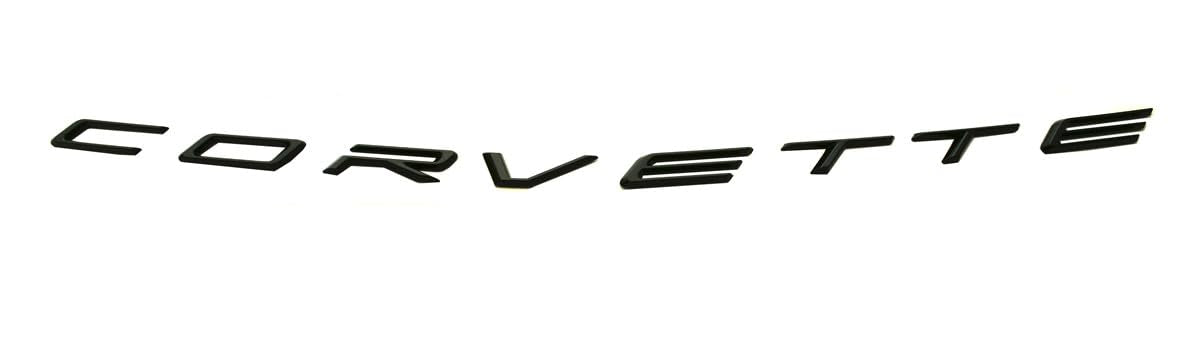 C8 Corvette rear badge close-up in glossy black for a premium look.