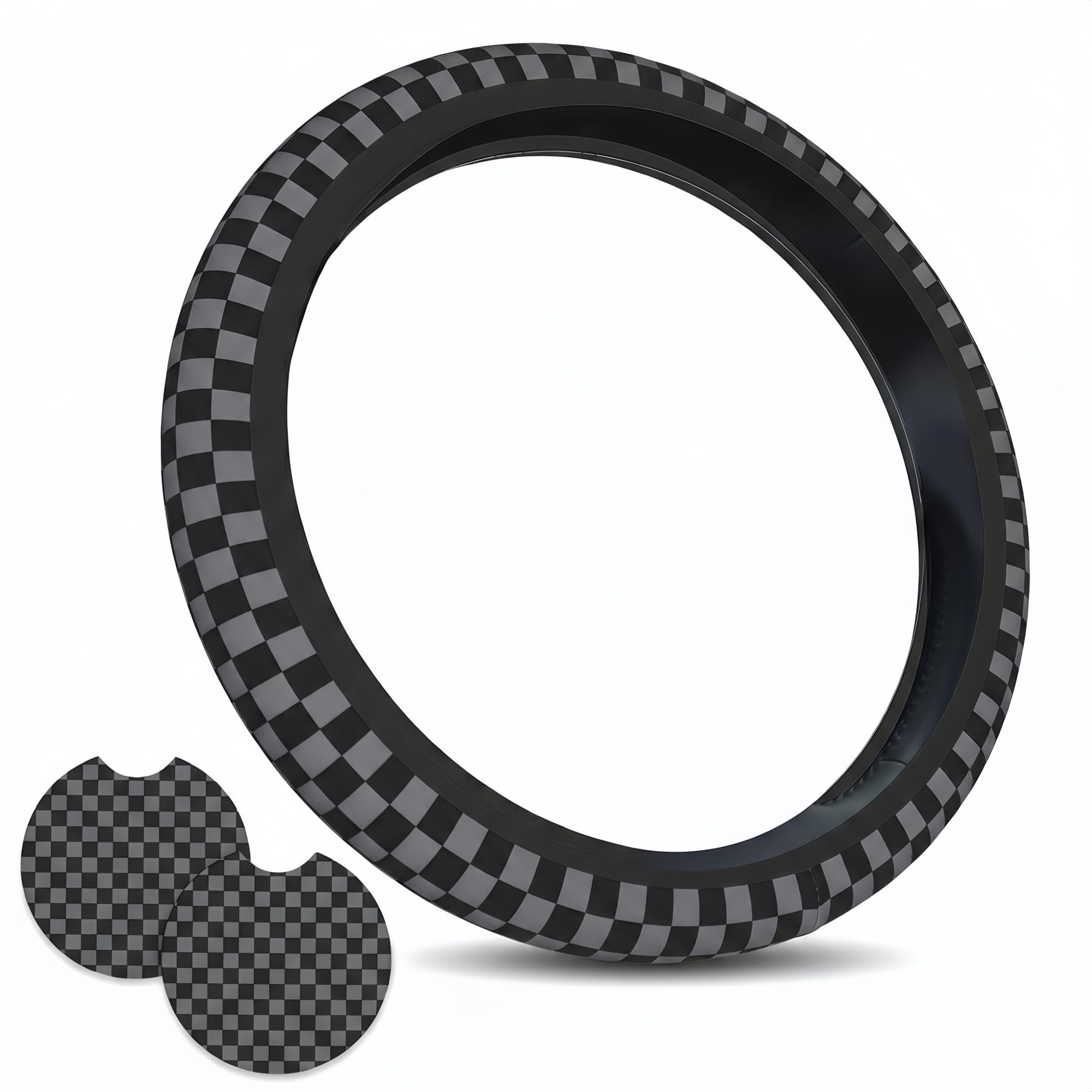 Generic Checkered Gray steering wheel cover provides anti-slip grip.
