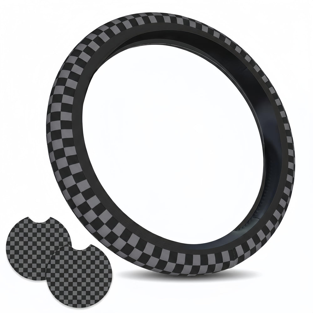 Generic Checkered Gray steering wheel cover provides anti-slip grip.