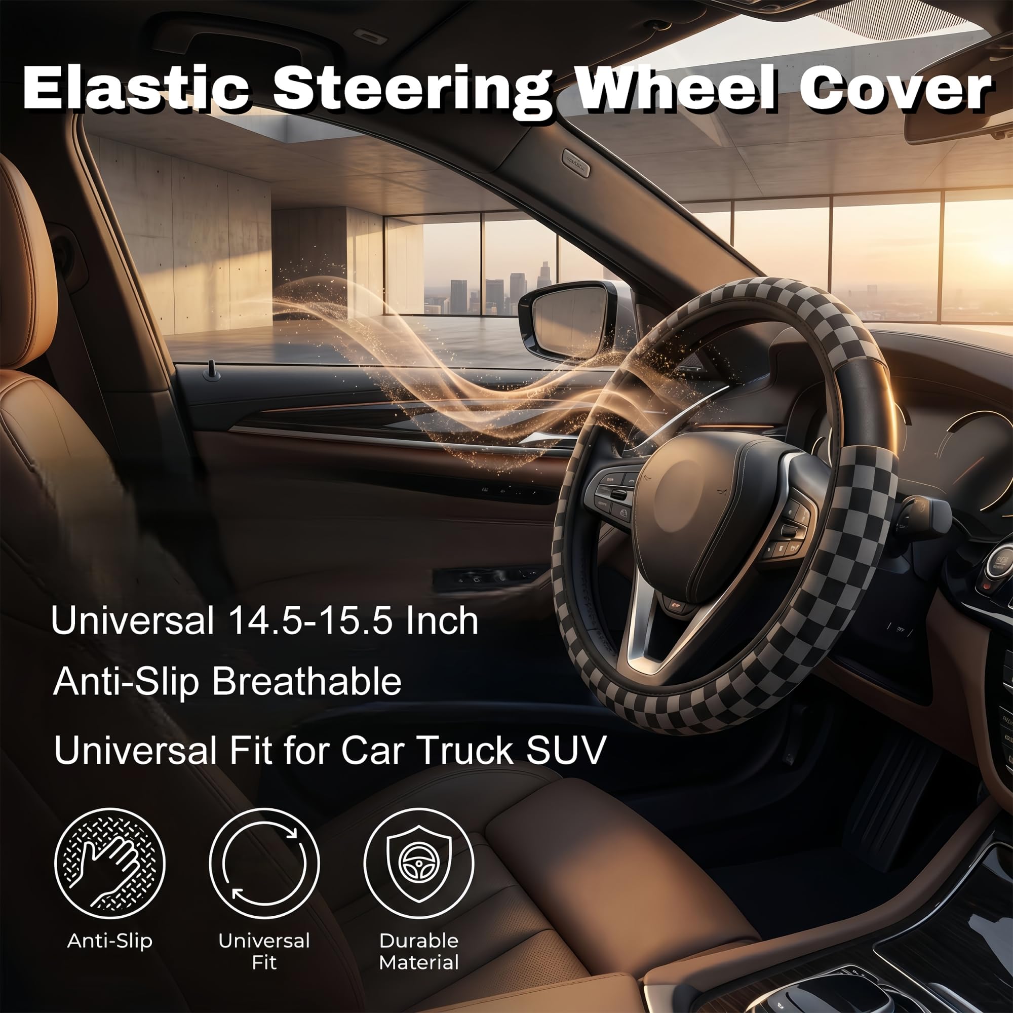 Generic steering wheel cover shows breathable, sweat-absorbent material for comfortable drives.