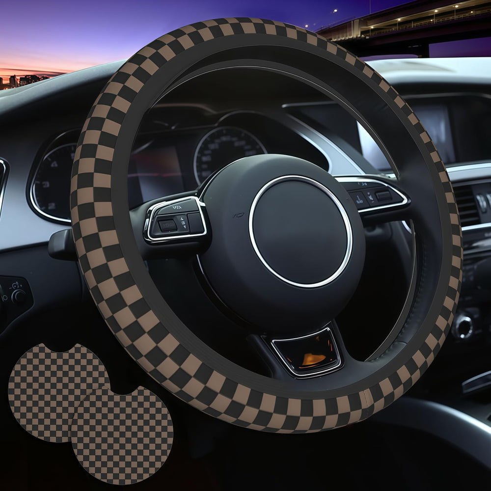 Generic checkered steering wheel cover in black brown for a stylish grip and comfort.