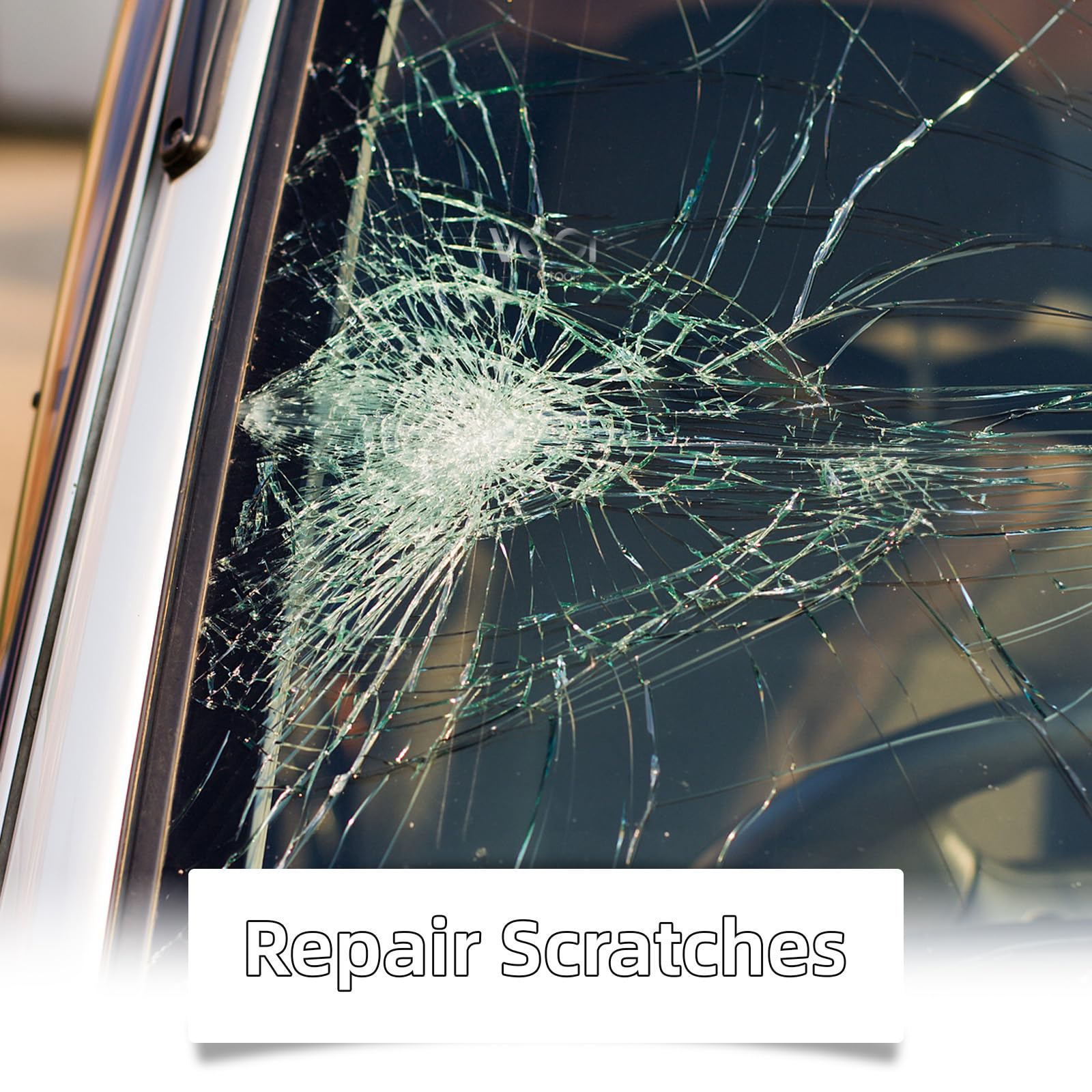 Generic Crack Fix Pro Kit Auto Glass Coverage shows repairs on windshields and side windows.