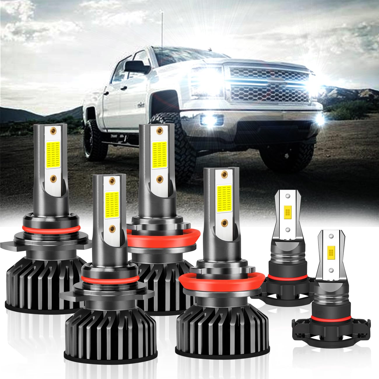 Generic 9005/H11 bulbs front view offer brighter high-beam visibility for Silverado.