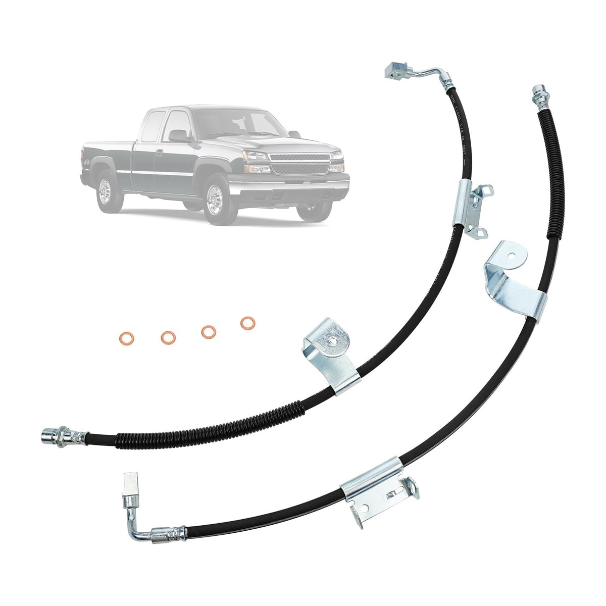 Generic front passenger brake hose visible, illustrating durable oil-resistant construction for daily driving