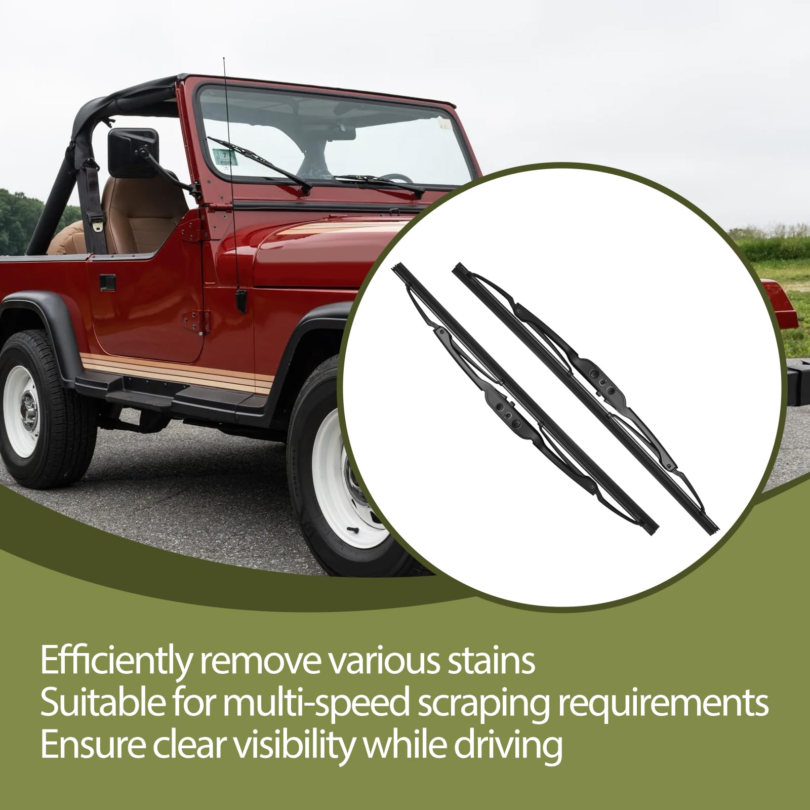 Generic front wiper blades weather-ready for Jeep Wrangler YJ in diverse conditions.