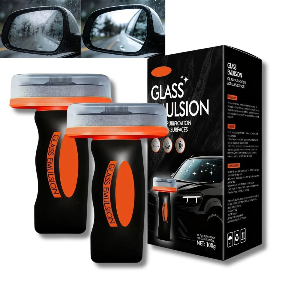 Generic Glass Emulsion bottle applies cleaner to car glass for oil film removal.