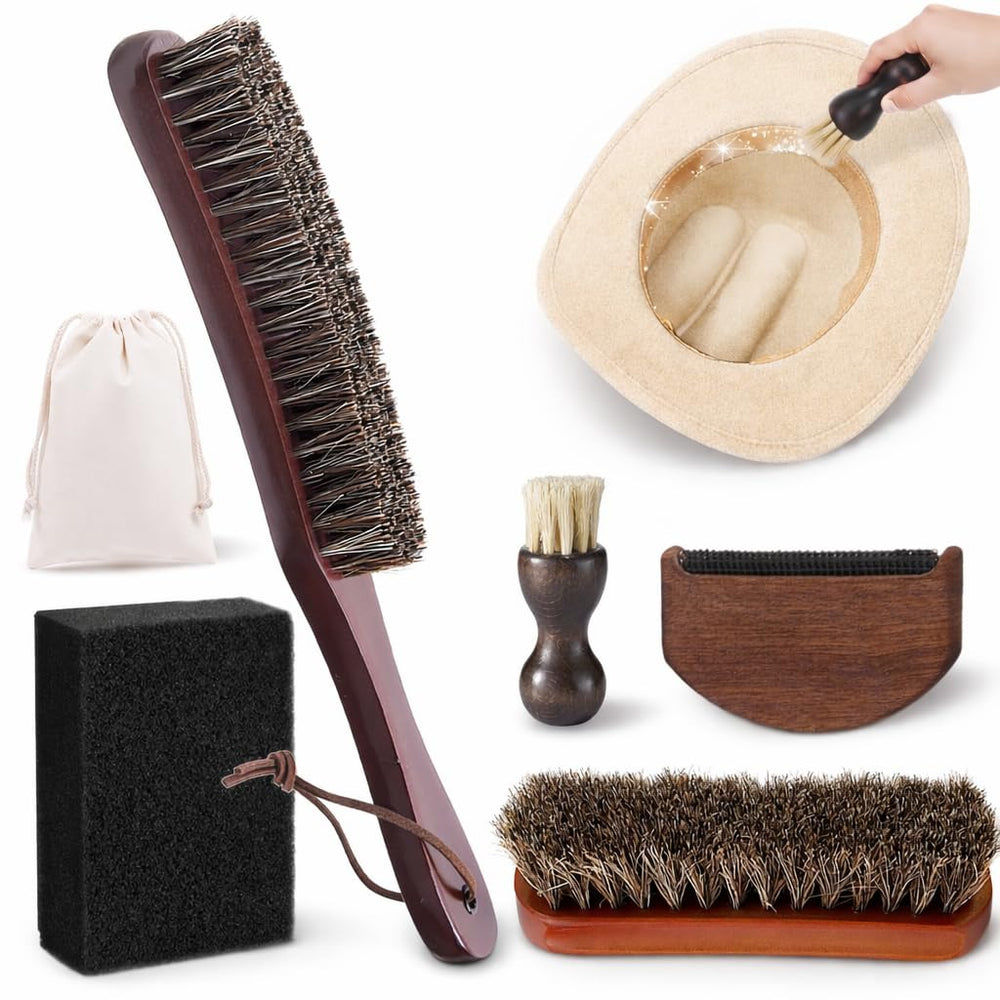 Generic hat brush kit long-handle horsehair brush cleans hats safely.