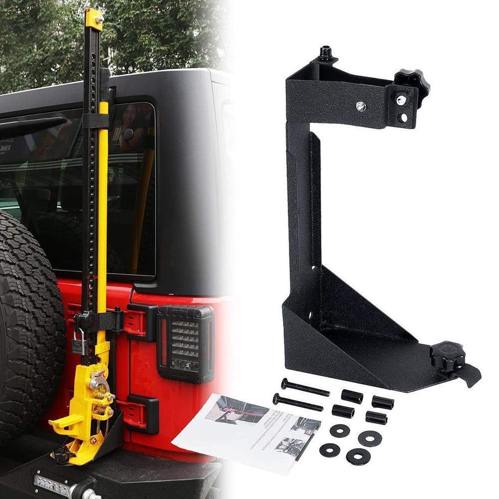 Generic high lift jack mount rear bracket on Jeep Wrangler JK demonstrating space-saving setup