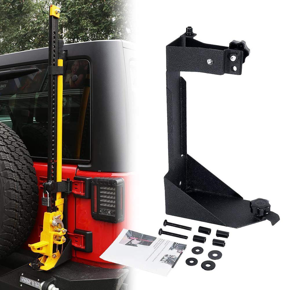 Generic high lift jack mount rear bracket on Jeep Wrangler JK demonstrating space-saving setup