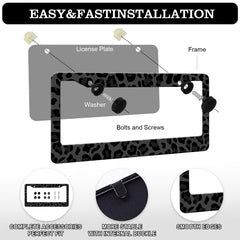 Generic leopard-print license plate frame with screws set for easy vehicle mounting.