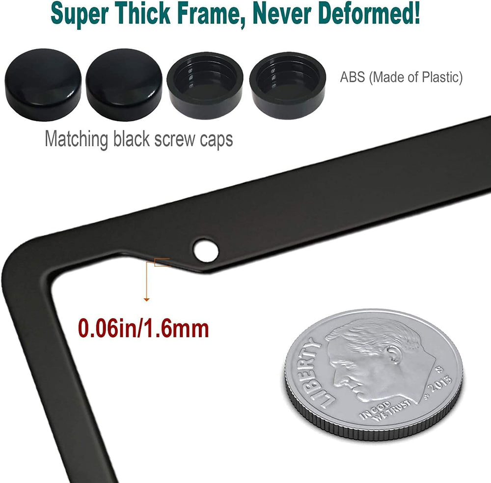 Generic license frame close-up highlights matte black finish and corrosion resistance.
