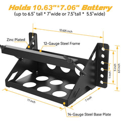 Generic battery tray bracket installed with a battery in an RV setup.