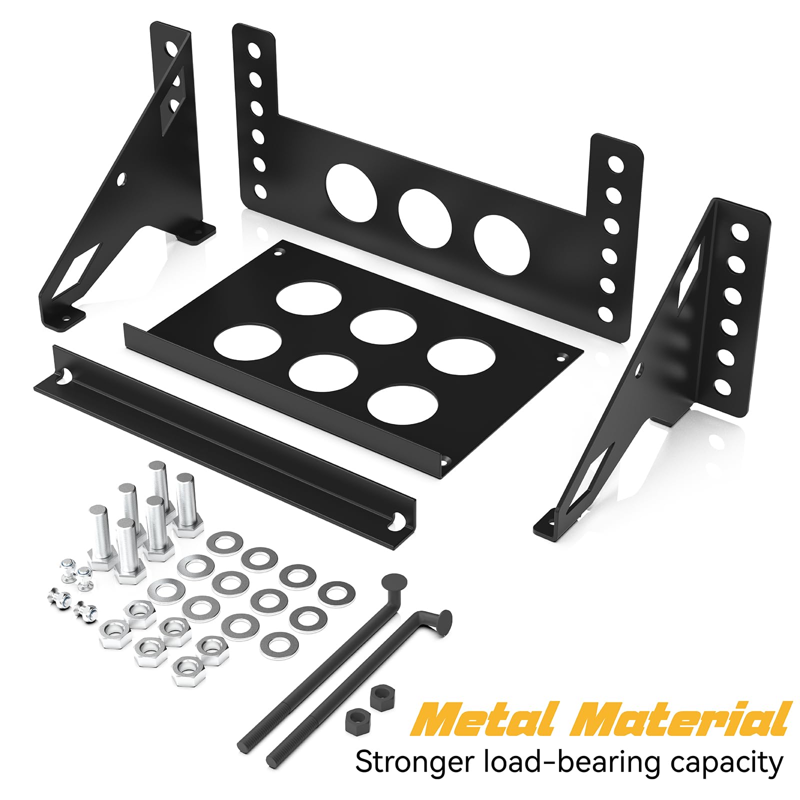 Generic battery tray bracket side view highlights bolt-in design for quick installation.