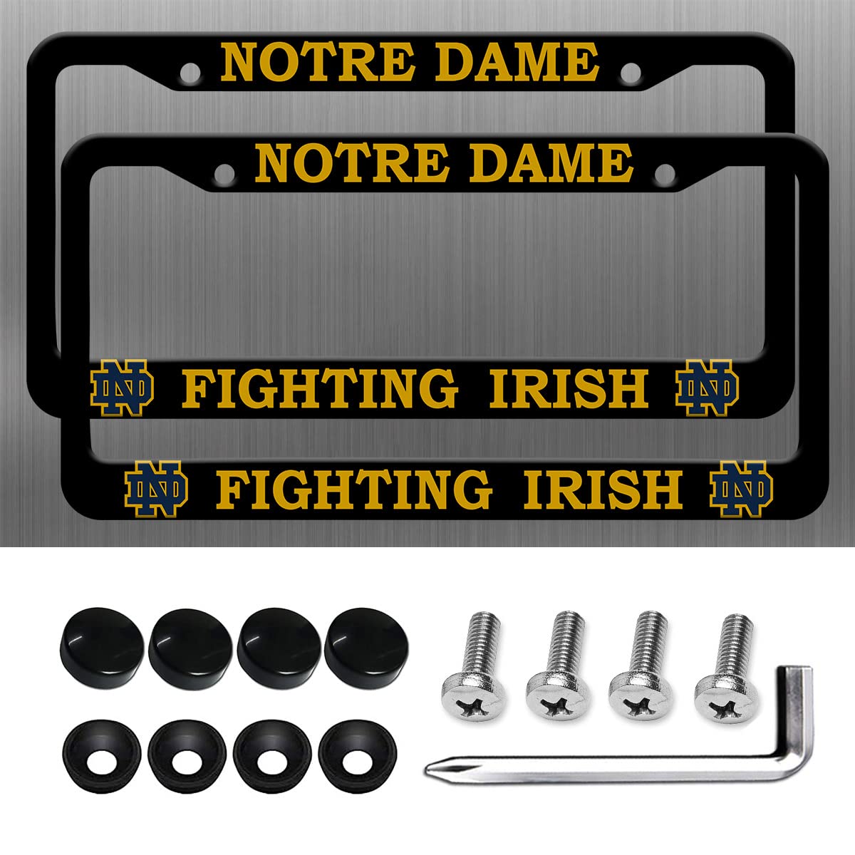 Generic Notre Dame license frame front view in matte black aluminum for durability.