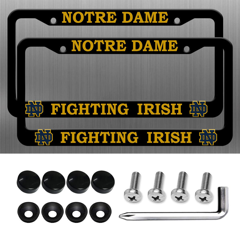 Generic Notre Dame license frame front view in matte black aluminum for durability.