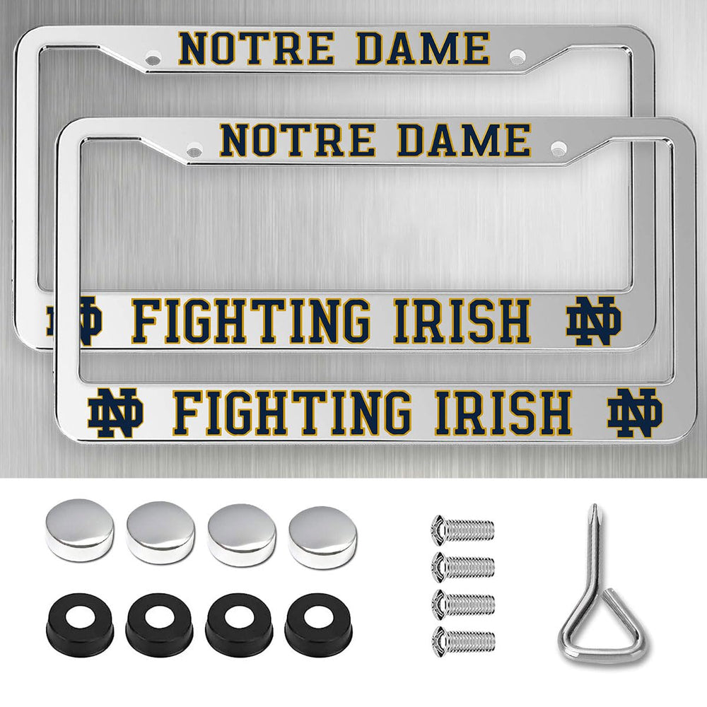 Generic Notre Dame license frame front view highlights durable aluminum with a sleek silver finish.