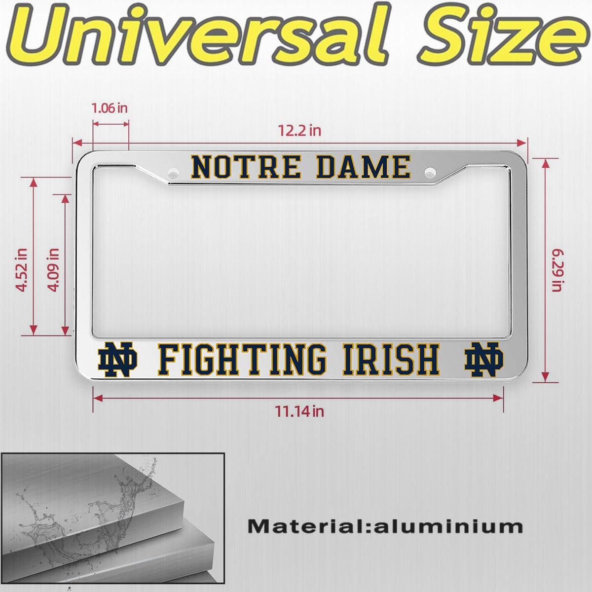 Generic Notre Dame license frame rear view shows rust-resistant construction for long-lasting shine.