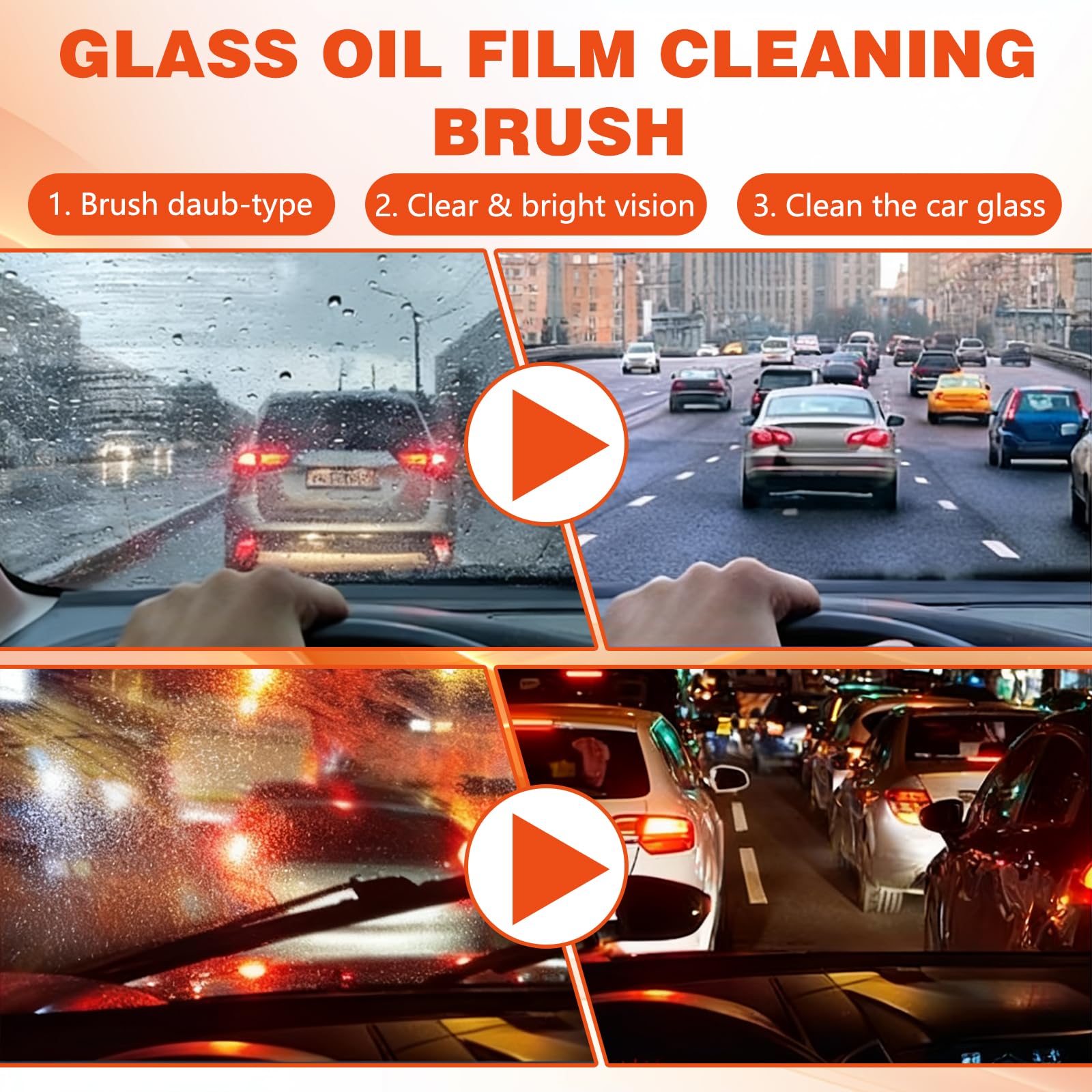 The brush head action removes road grime from glass surfaces.
