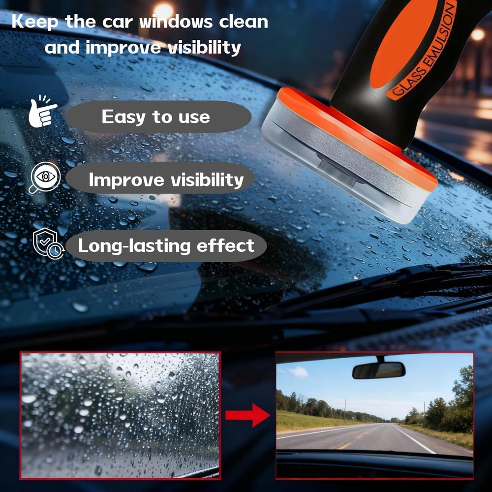 Generic Oil Film Remover on windshield improves driving visibility after cleaning.