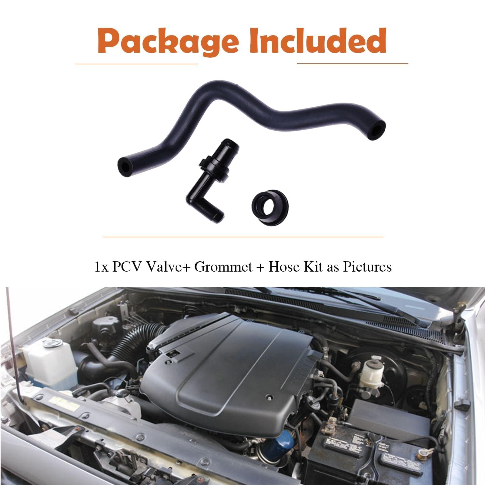 Packaged kit photo highlights valve, grommet, and hose contents.
