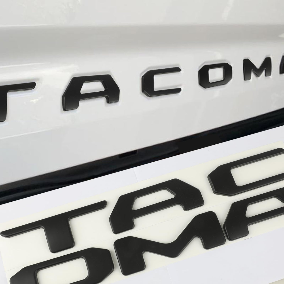 Generic tailgate insert letters for Tacoma in matte black add a bold 3D appearance.