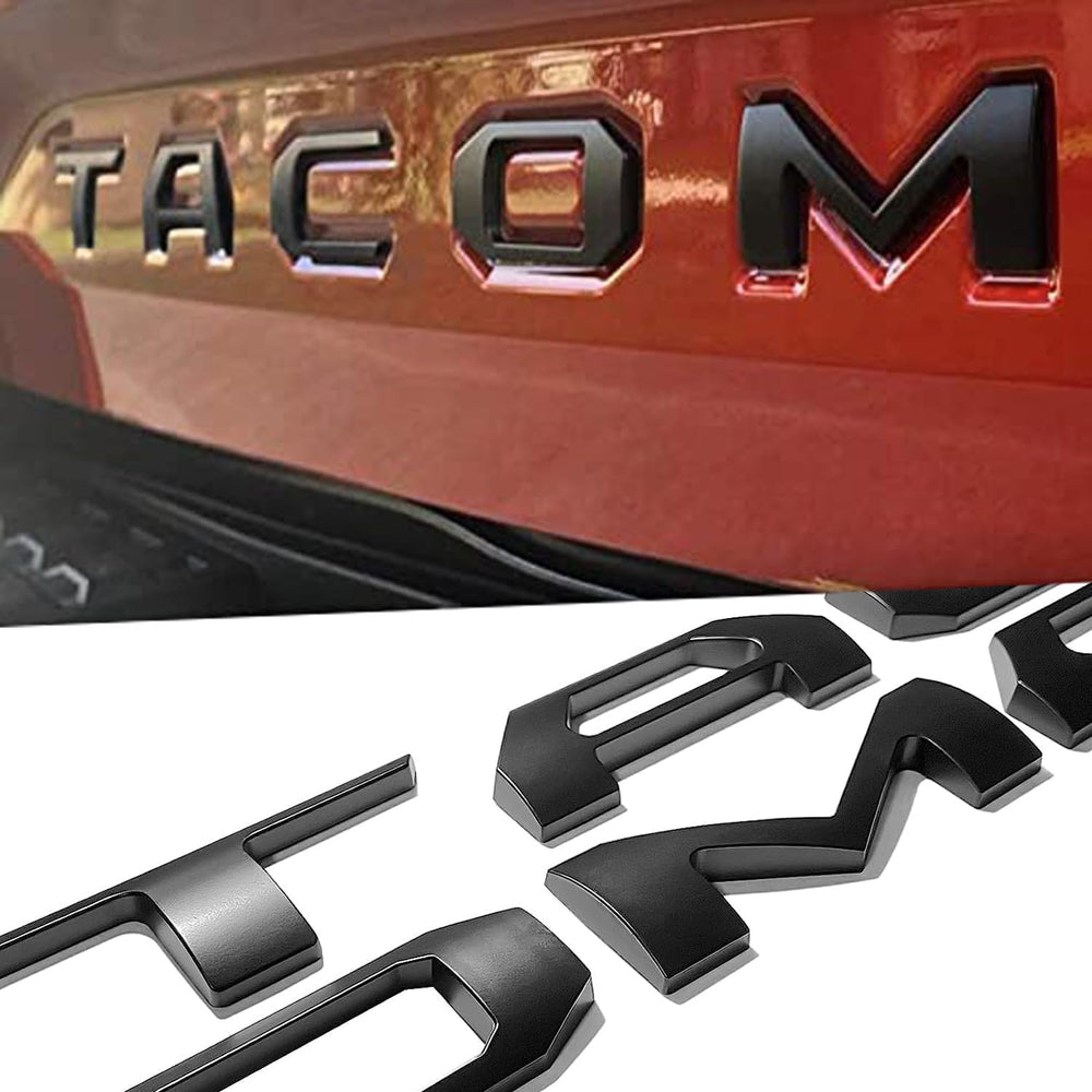 Generic tailgate insert letters for Tacoma with 3D matte black finish, weather-resistant and adhesive-backed.