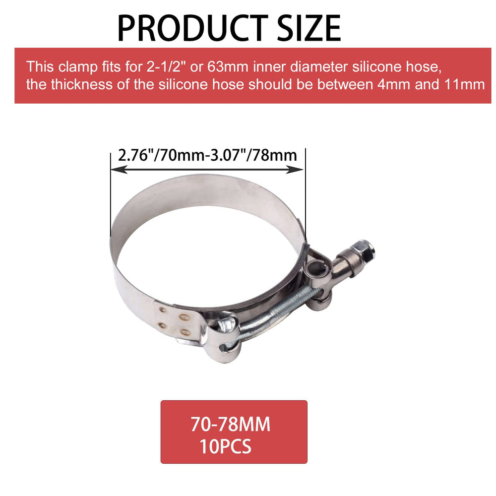 70-78mm clamp range shown on silicone hose connection