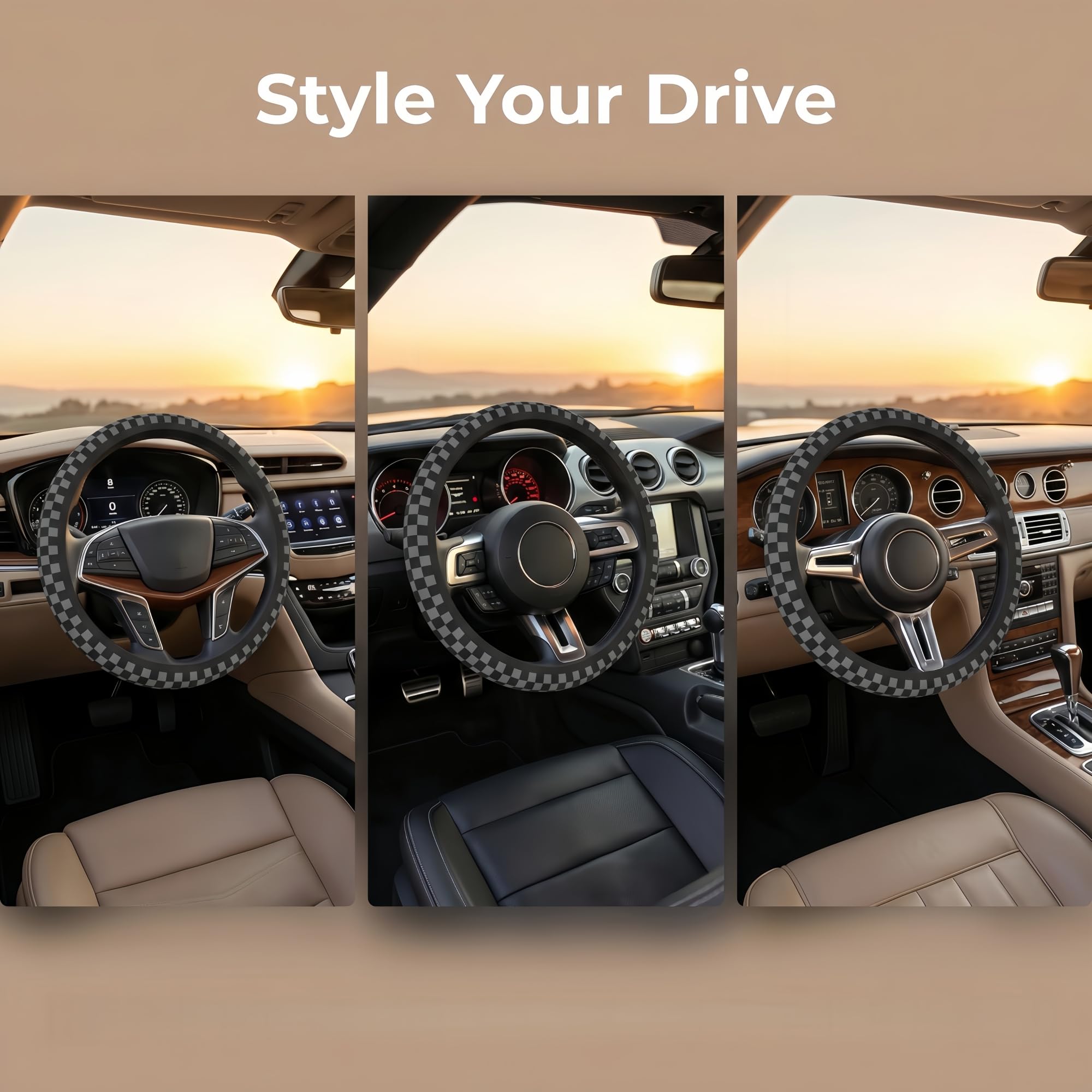 Universal-fit steering wheel cover fits most wheels measuring 14.5–15.6 inches.
