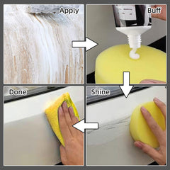 Generic user applying scratch remover to door marks for renewal.