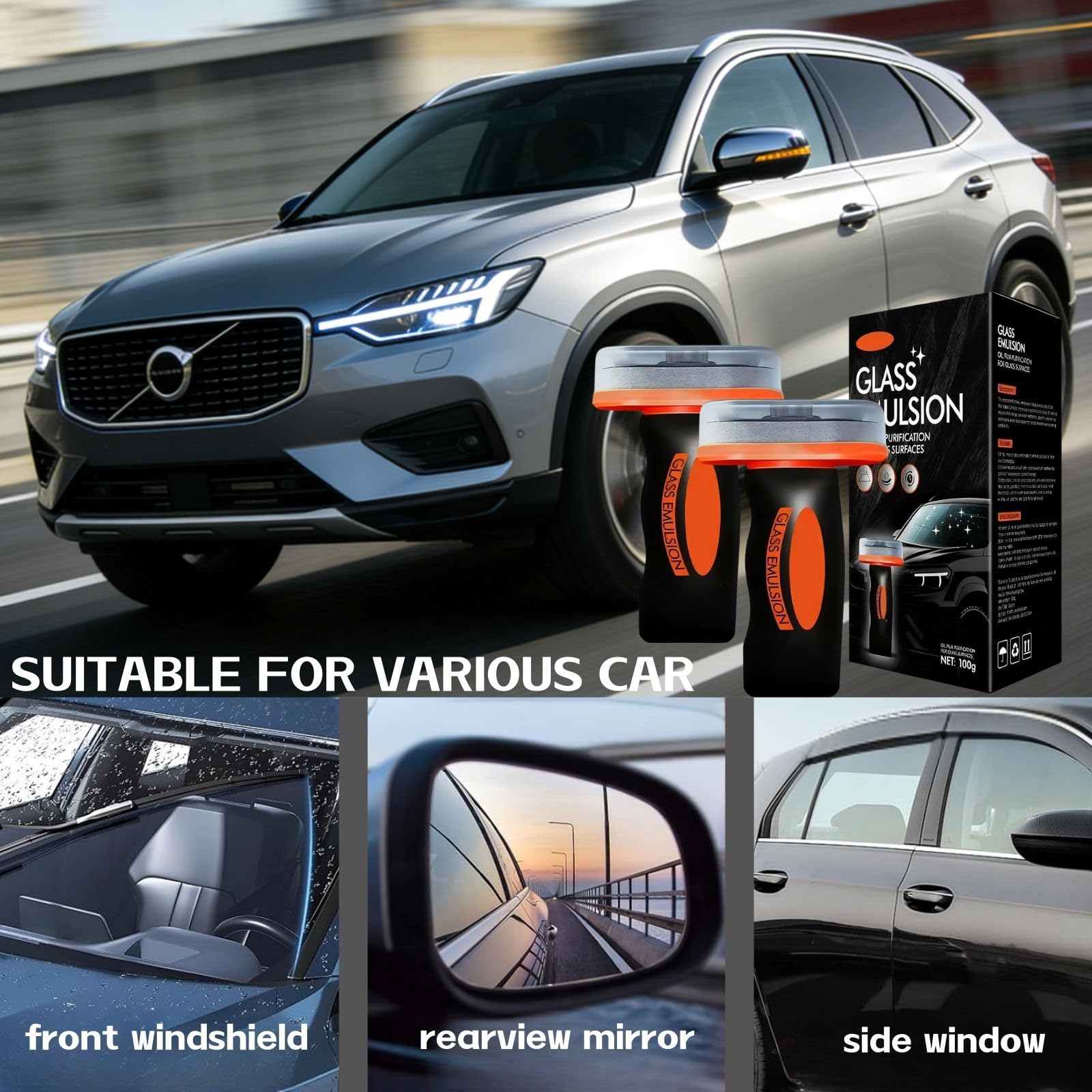 Generic Water beading on windshield shows faster runoff and clarity.