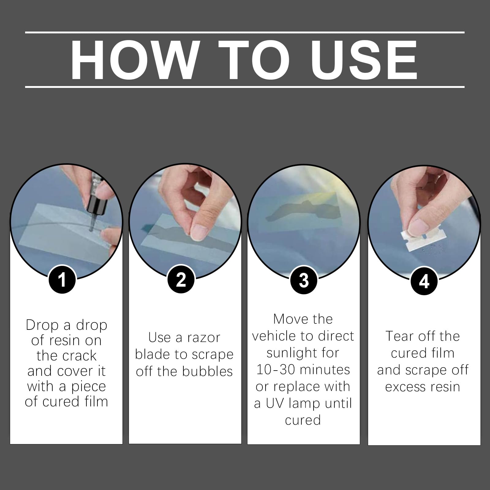Generic windshield repair kit resin curing process close-up