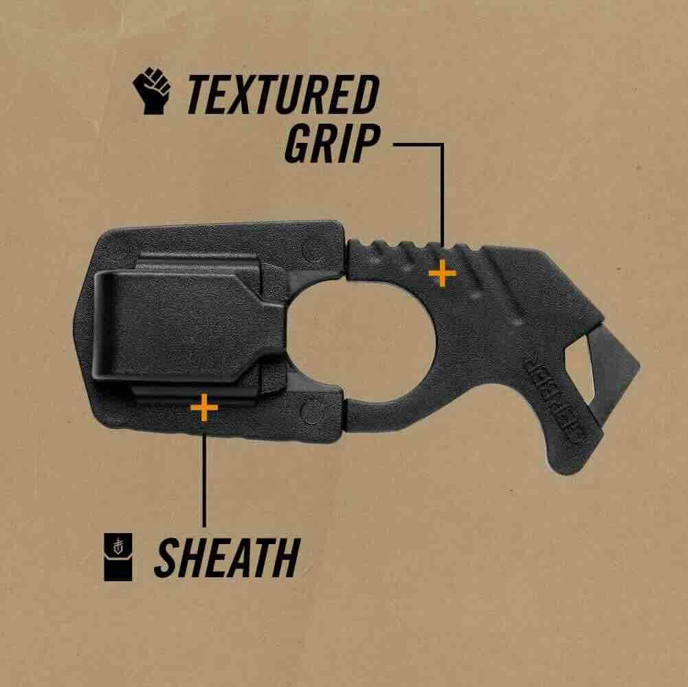 Gerber seatbelt cutter features 420HC steel hook knife for belt cutting
