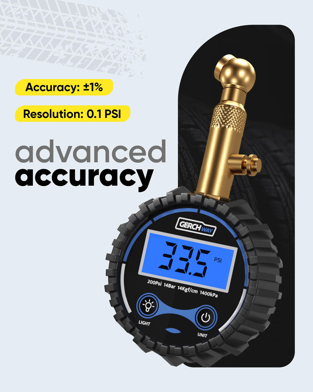 Motorcycle tire check using GERCHWAY gauge for accurate readings.