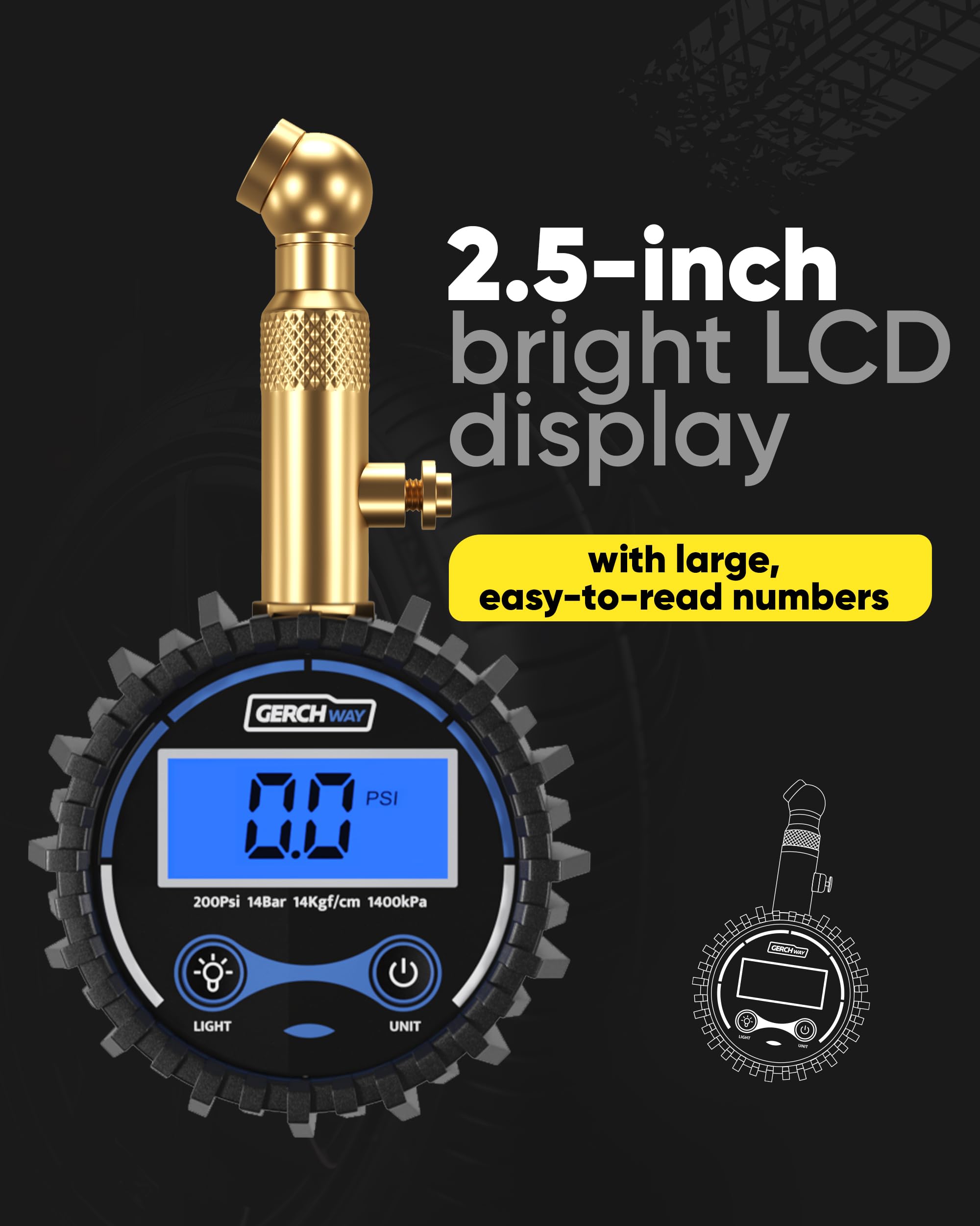 GERCHWAY gauge with 360° swivel chuck connected to a car valve.