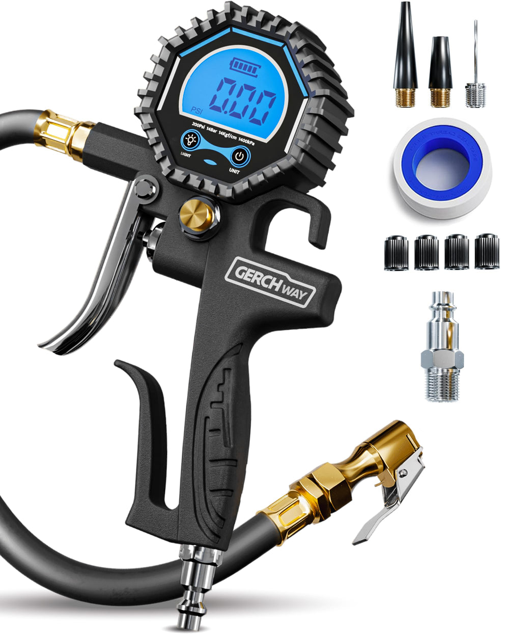 GERCHWAY digital tire pressure gauge display for quick, accurate tire checks.