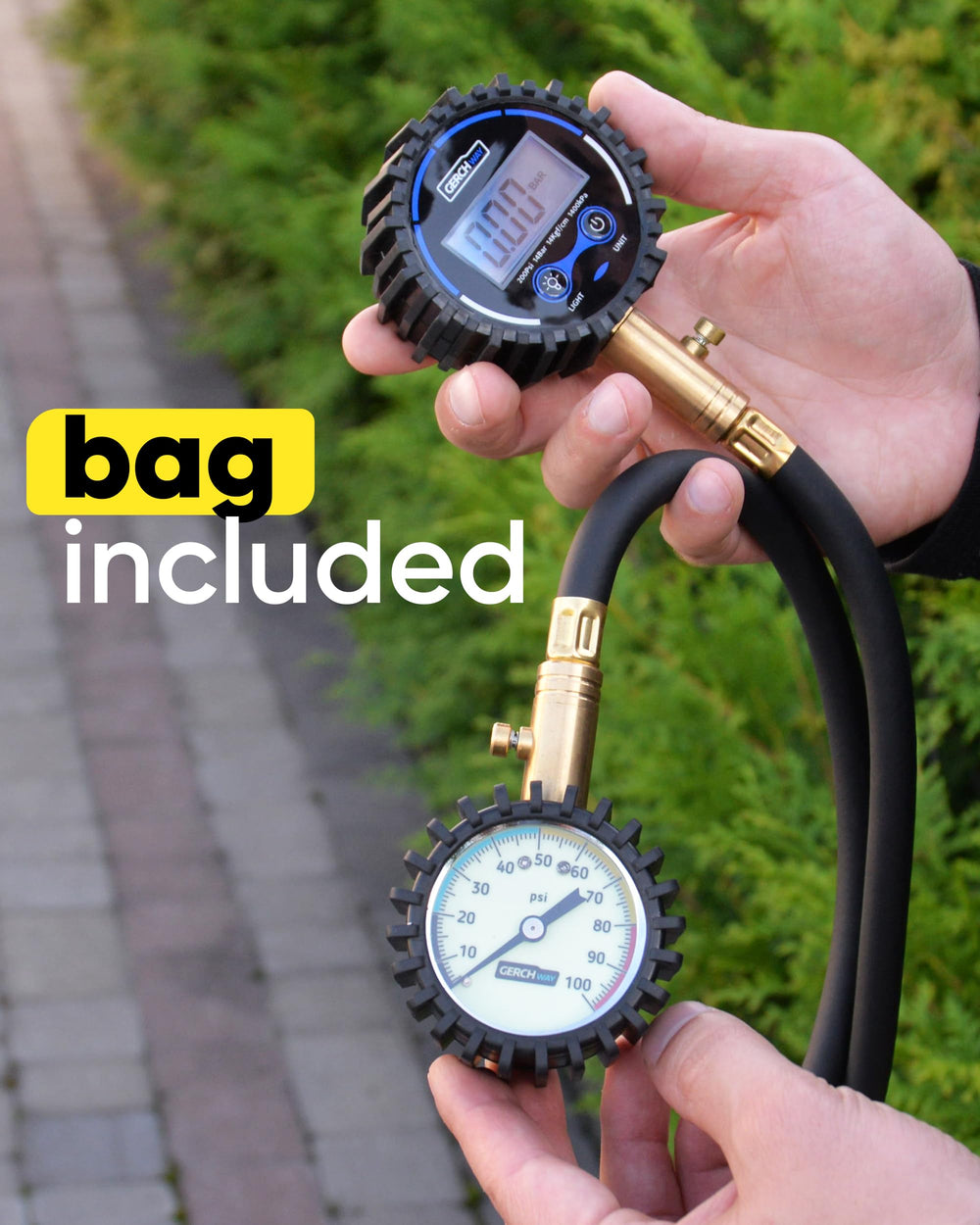 GERCHWAY digital tire pressure gauge in use during a road-side check.