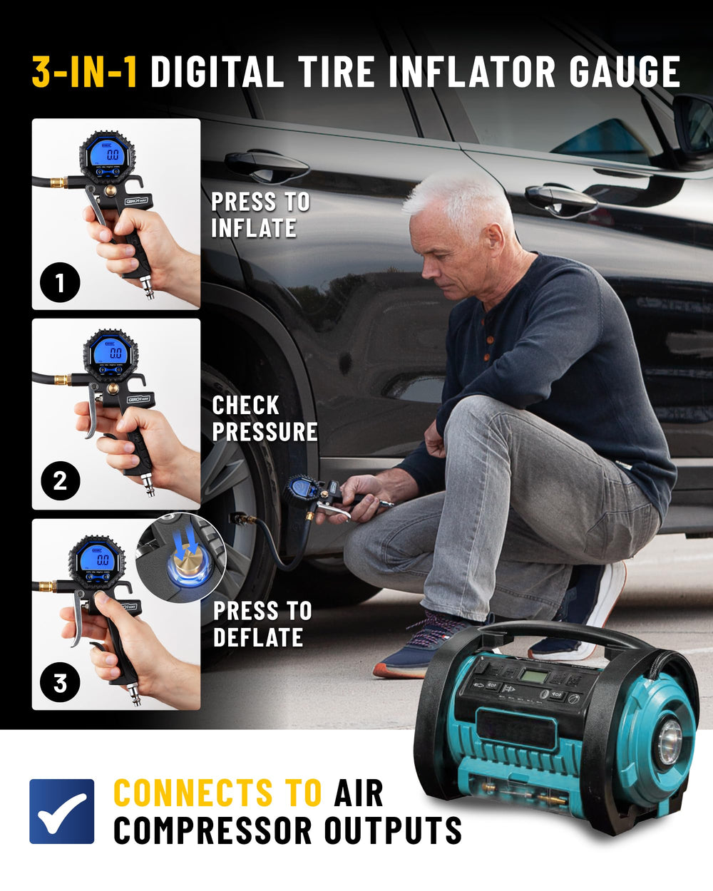 GERCHWAY inflator with gauge in action for safe, fast tire inflation.