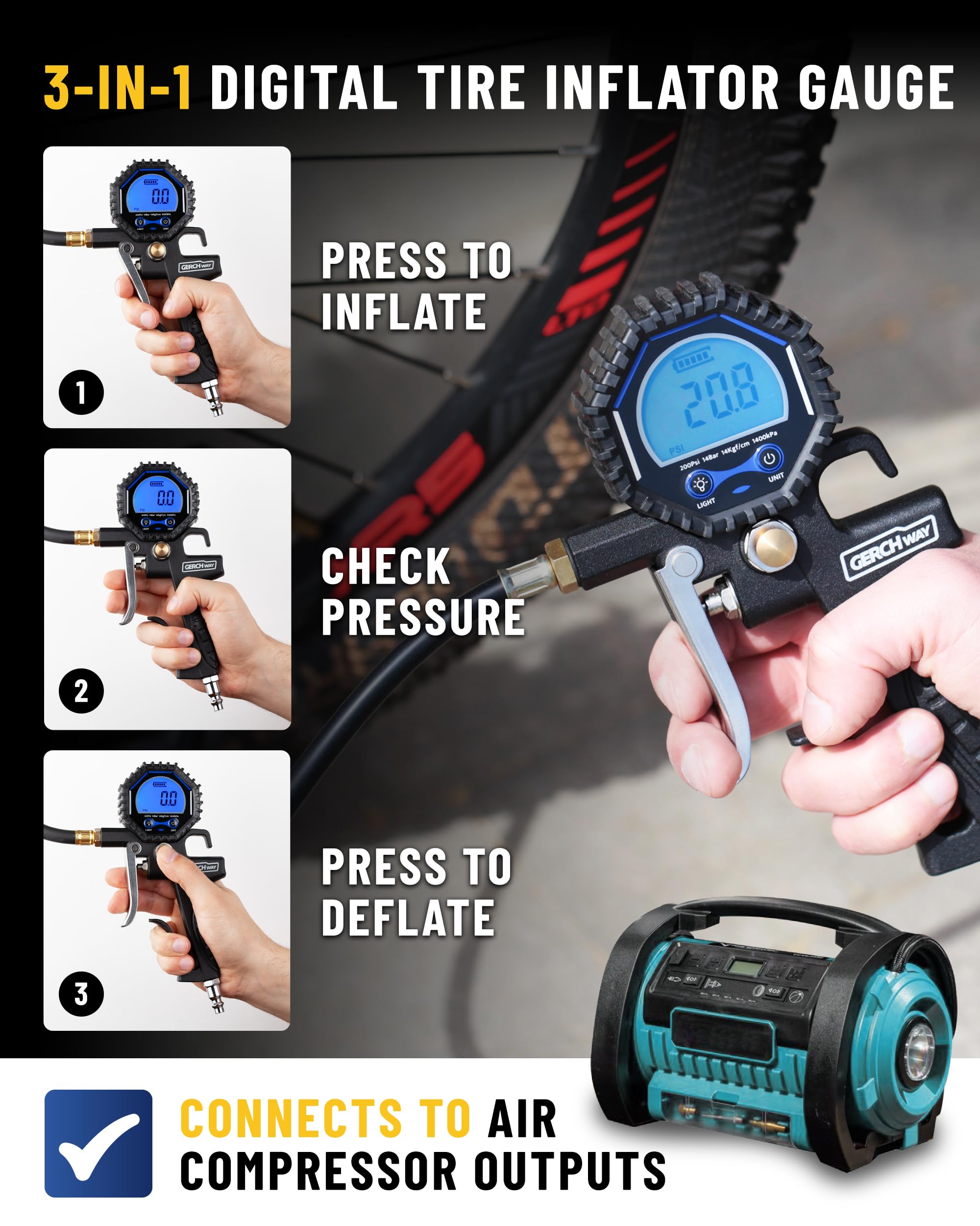 GERCHWAY digital tire gauge on a bike tire showing PSI readings.